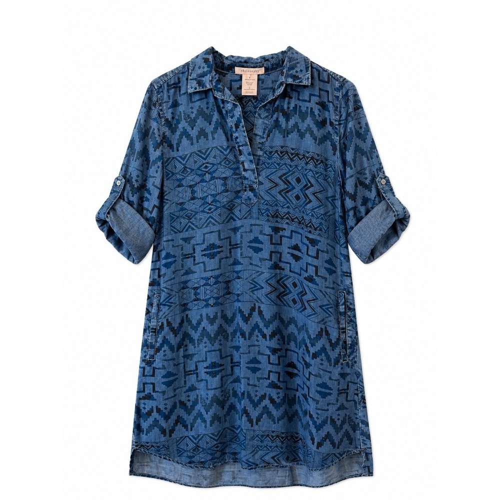 Philosophy Womens Aztec Print Chambray Shirt Dressβ Tencel Blue Size S - Picture 1 of 14
